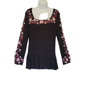 Women’s Blouse Jr 2X Square Neck Black Embroidered Rayon Y2K Whimsigoth Bella